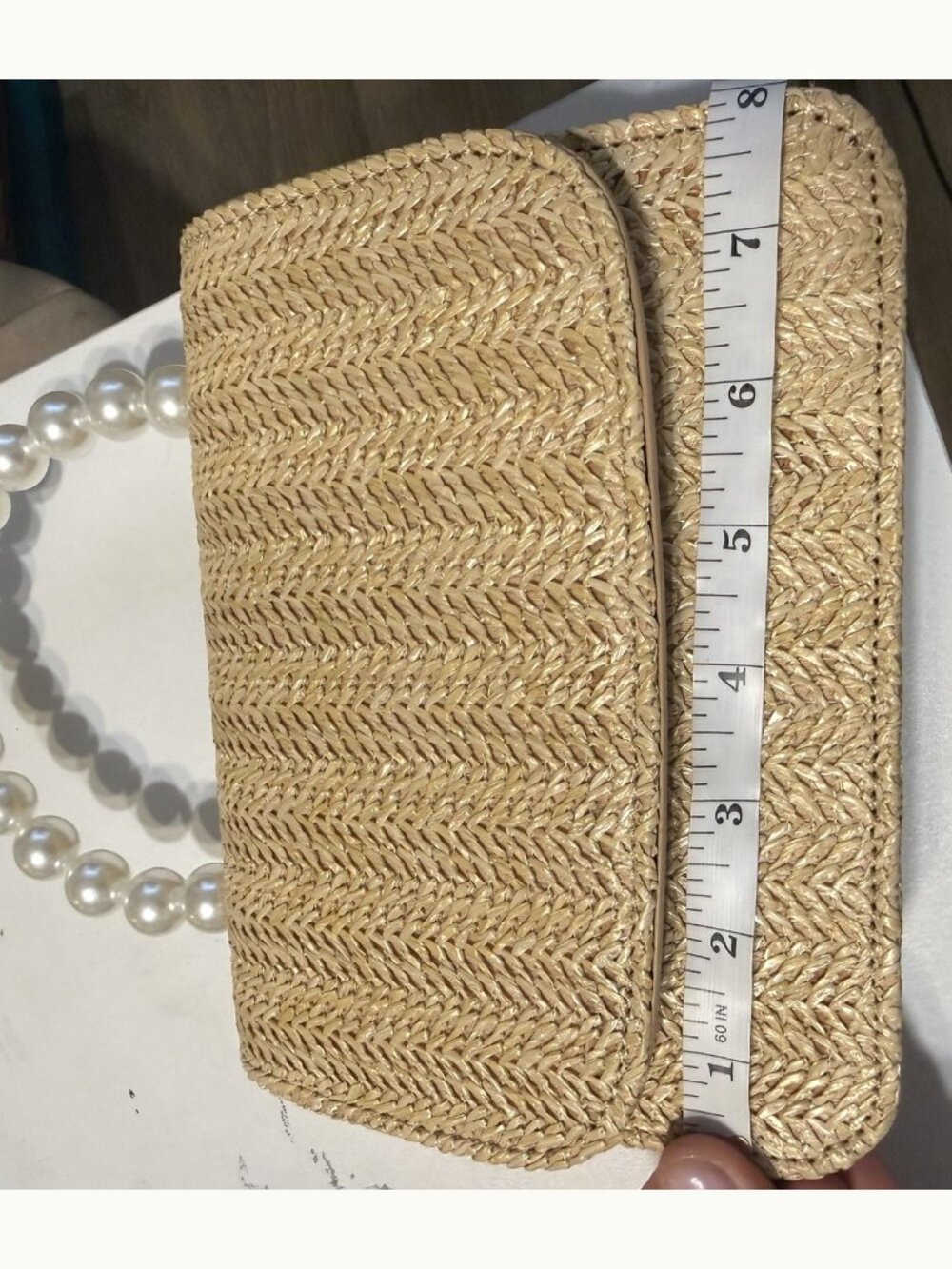 Melie Bianco Natural Woven Pearl Handle Crossbody Bag - Picture 6 of 7